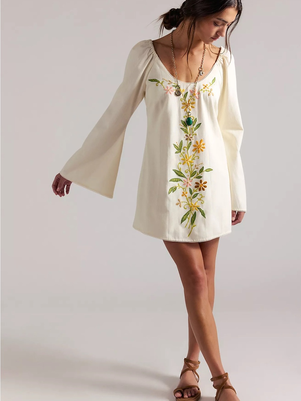 NET Free People Cream Floral Embroidered Long-Sleeve Mini Dress